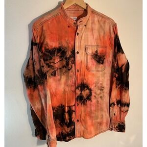 Never 2 Fly 2 Pray Bleach Tie Dye Flannel Shirt Mens L Button‎ Up Orange Black